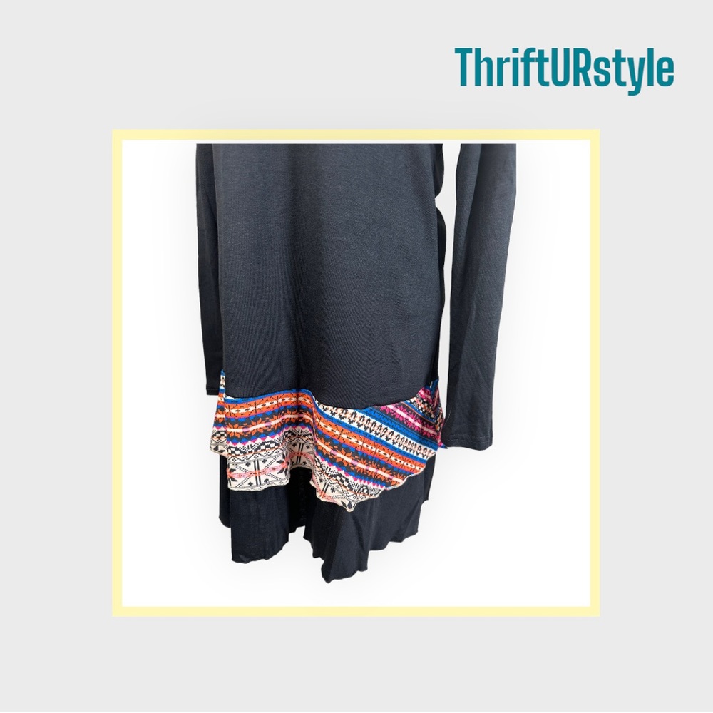 Womens Black Southwestern Geometric‎ Trim Long Sleeve Tunic Ruffle Hem Top Dress - Picture 5 of 5